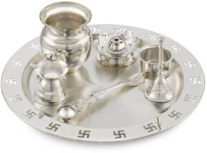 Panca Silver Plated Pooja Thali Set 7 piece Set for Mandir at Home For Aarti and Pooja Silver Plated  (1 Pieces