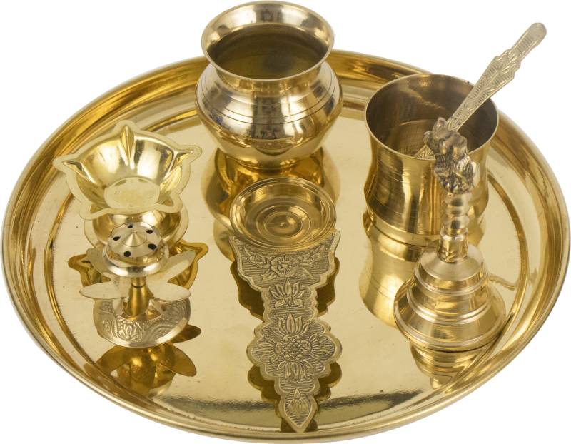 Spillbox Traditional Handcrafted Brass Thali/Aarti Bartan Plate Brass Plain Thali Set Brass  (Gold)