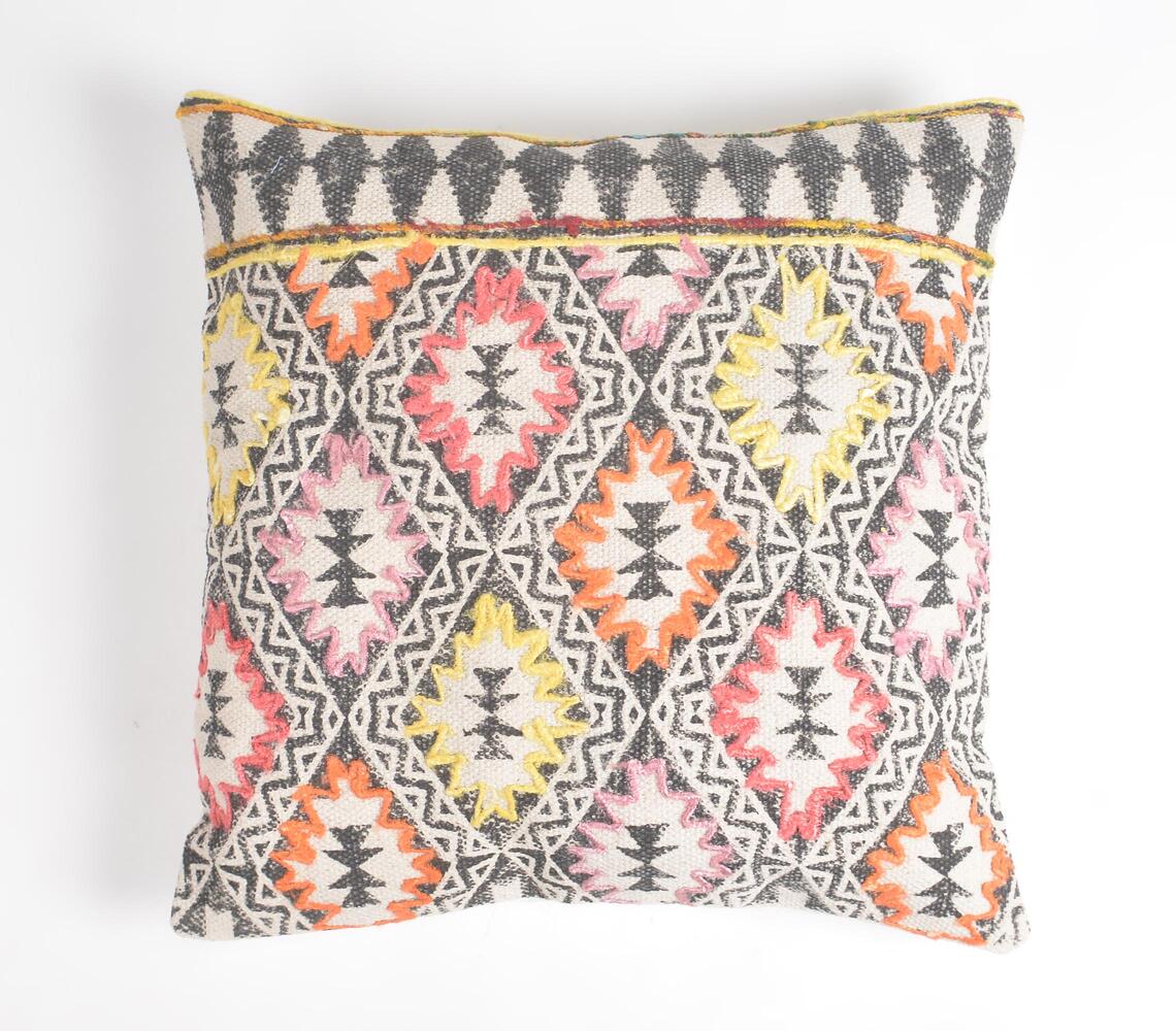 Block Printed & Embroidered Geometric Cushion Cover - Multicolor - VAQL101011102502