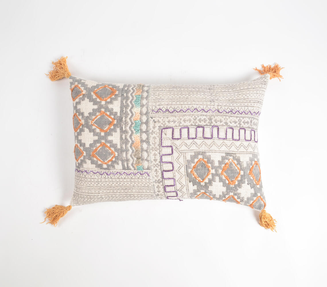 Block Printed & Embroidered Cotton Lumbar Tasseled Cushion Cover - Multicolor - VAQL101011102517