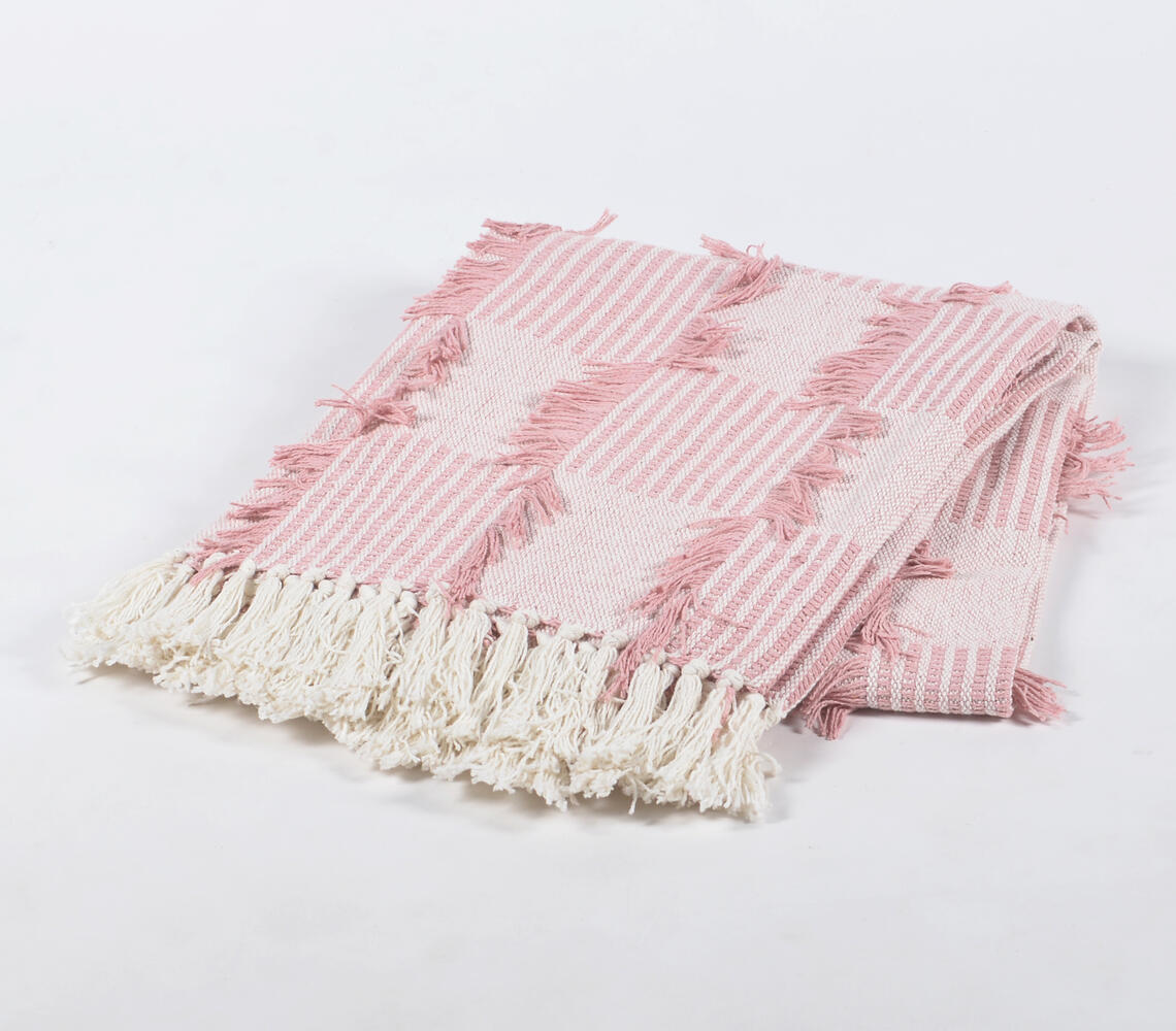 Handwoven Cotton Fringed Throw with Tassels - Pink - VAQL101011104508