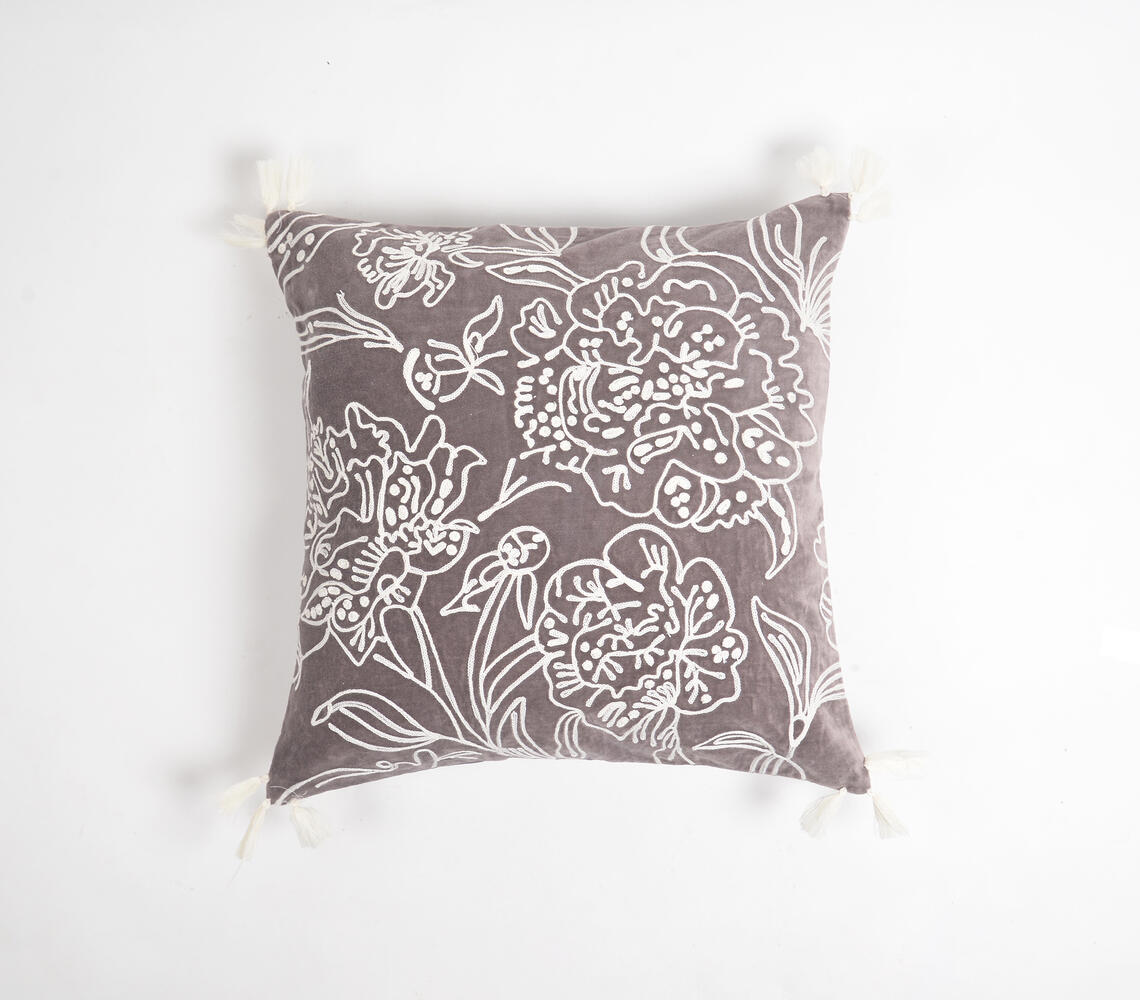 Embroidered Abstract Cotton Tasseled Cushion Cover - Grey - VAQL101011109669