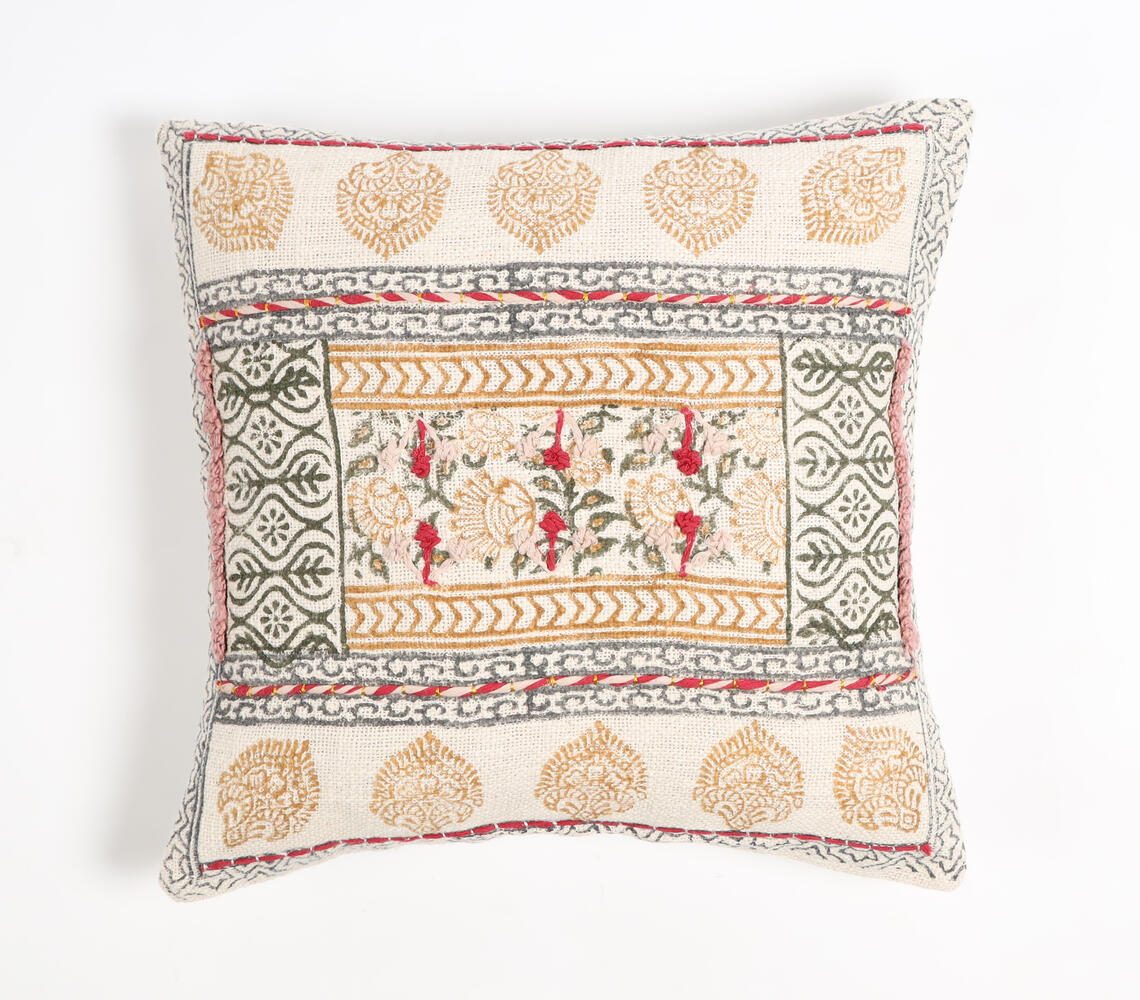Block Printed Cotton Floral Cushion Cover - Multicolor - VAQL101011111862