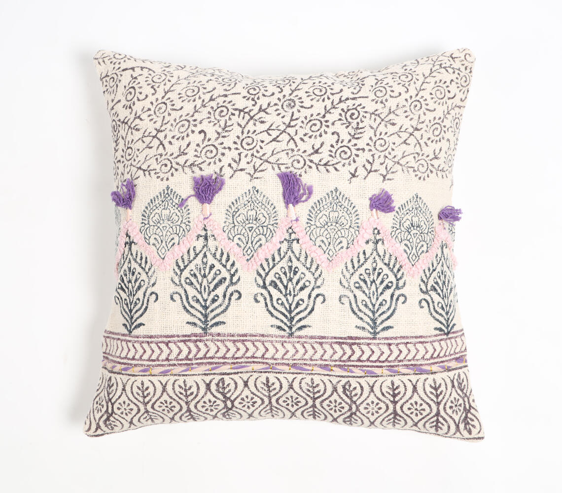 Block Printed Cotton Botanical Cushion Cover - Multicolor - VAQL101011111868