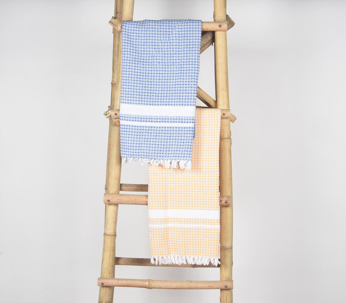 Checkered Yellow & Blue Cotton Bath Towels (set of 2) - Blue - VAQL101011123726