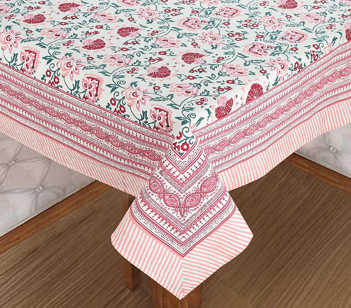Floral Block Printed 6-Seater Tablecloth - Pink - VAQL101011146701