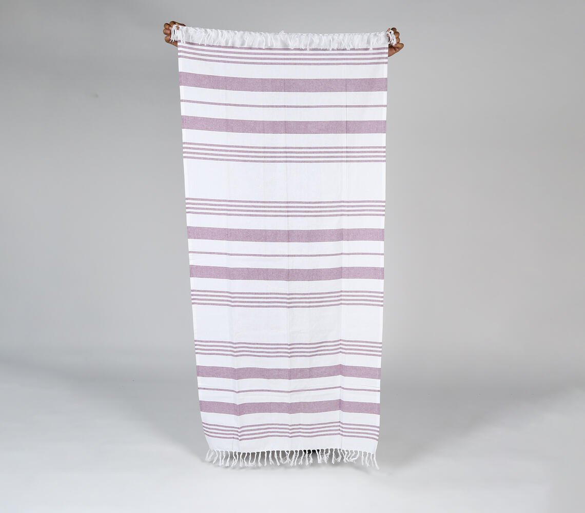 Handwoven Striped Mauve Cotton Bath Towel - Purple - VAQL10101162695