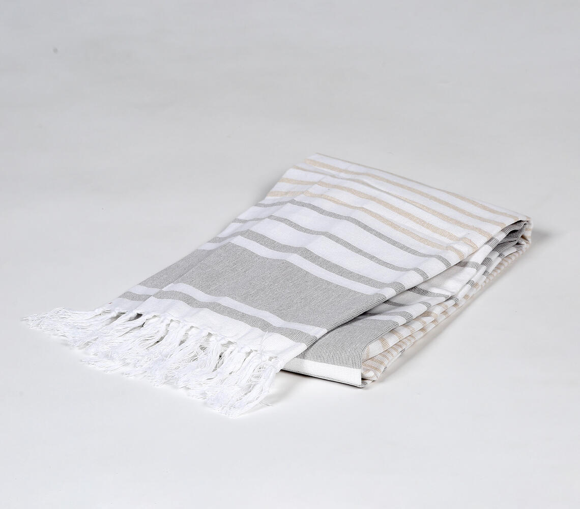 Striped Neutral Tasseled Towel - Multicolor - VAQL10101163492