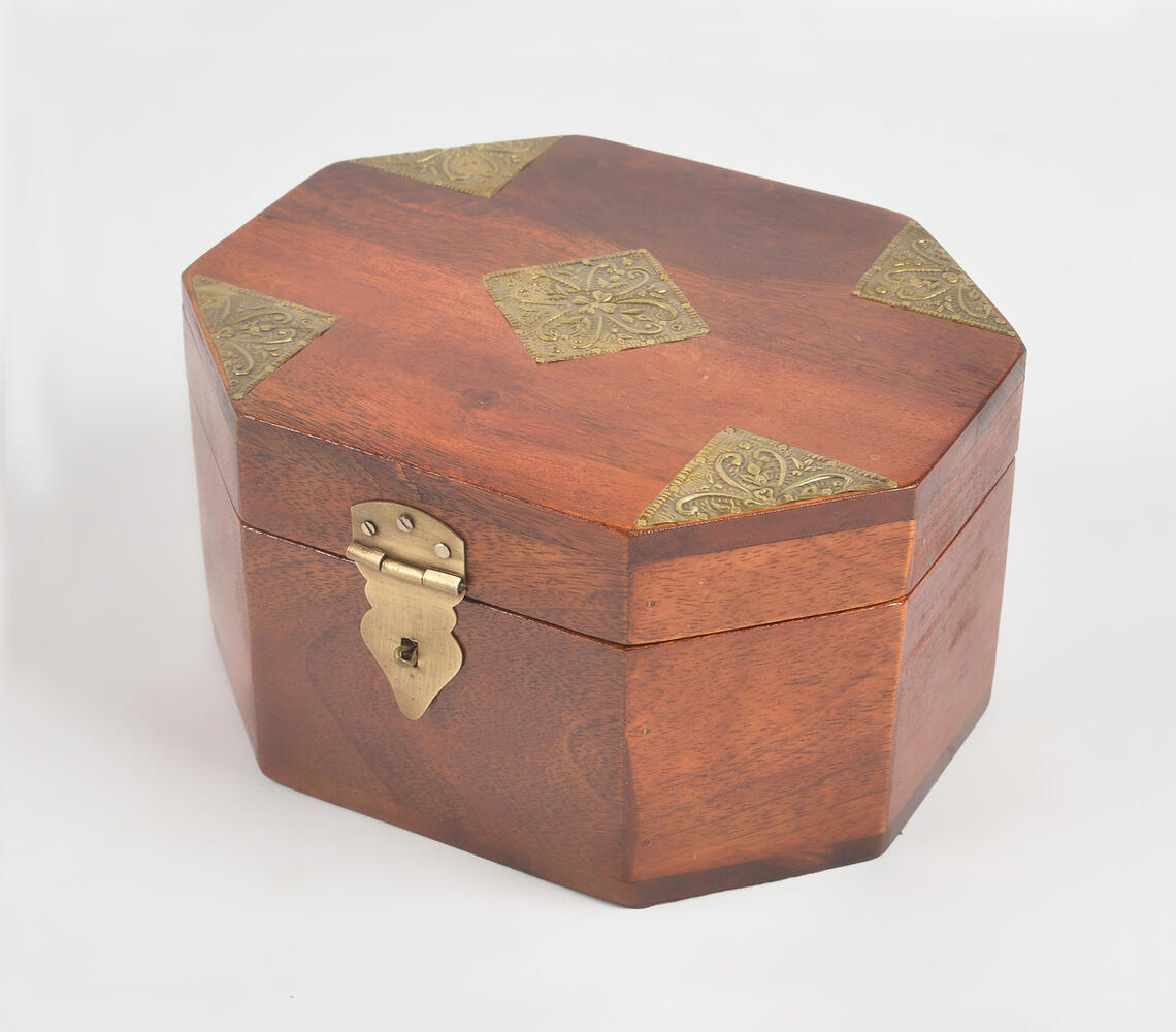 Vintage Wooden Trinket Box with Brass Accents - Brown - VAQL101012105126