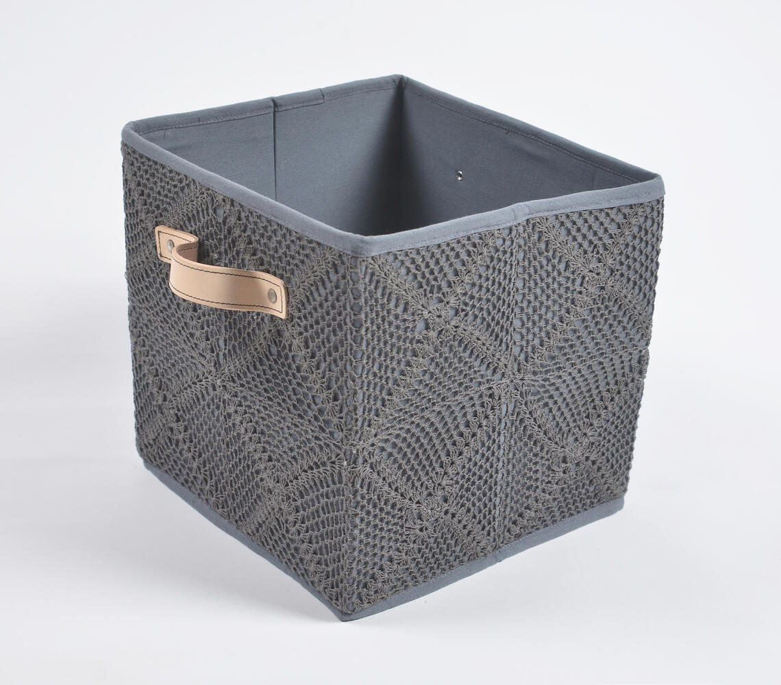 Crochet Charcoal Cotton Foldable Storage Hamper - Grey - VAQL10101280390