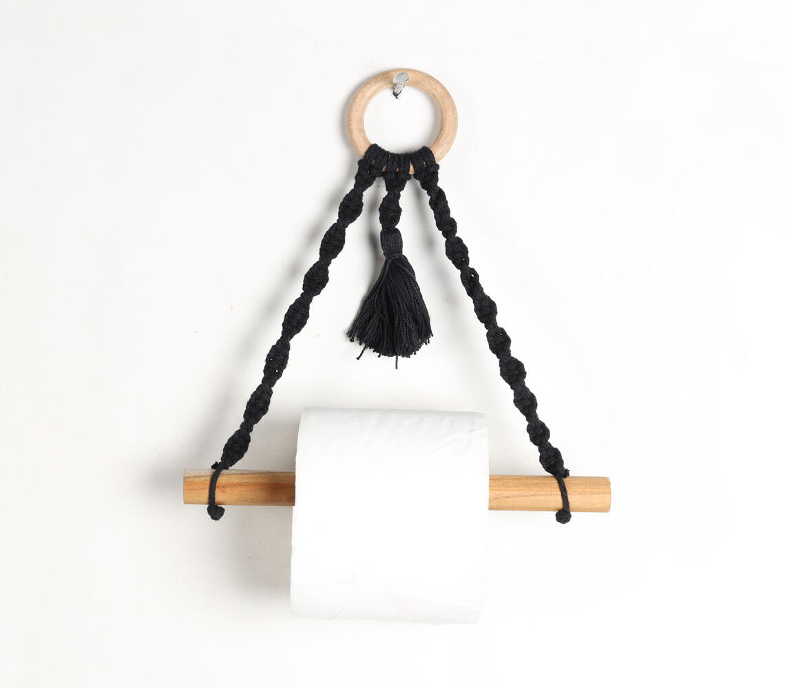 Cotton macrame & wood hanging roll holder - Black - VAQL101013101858