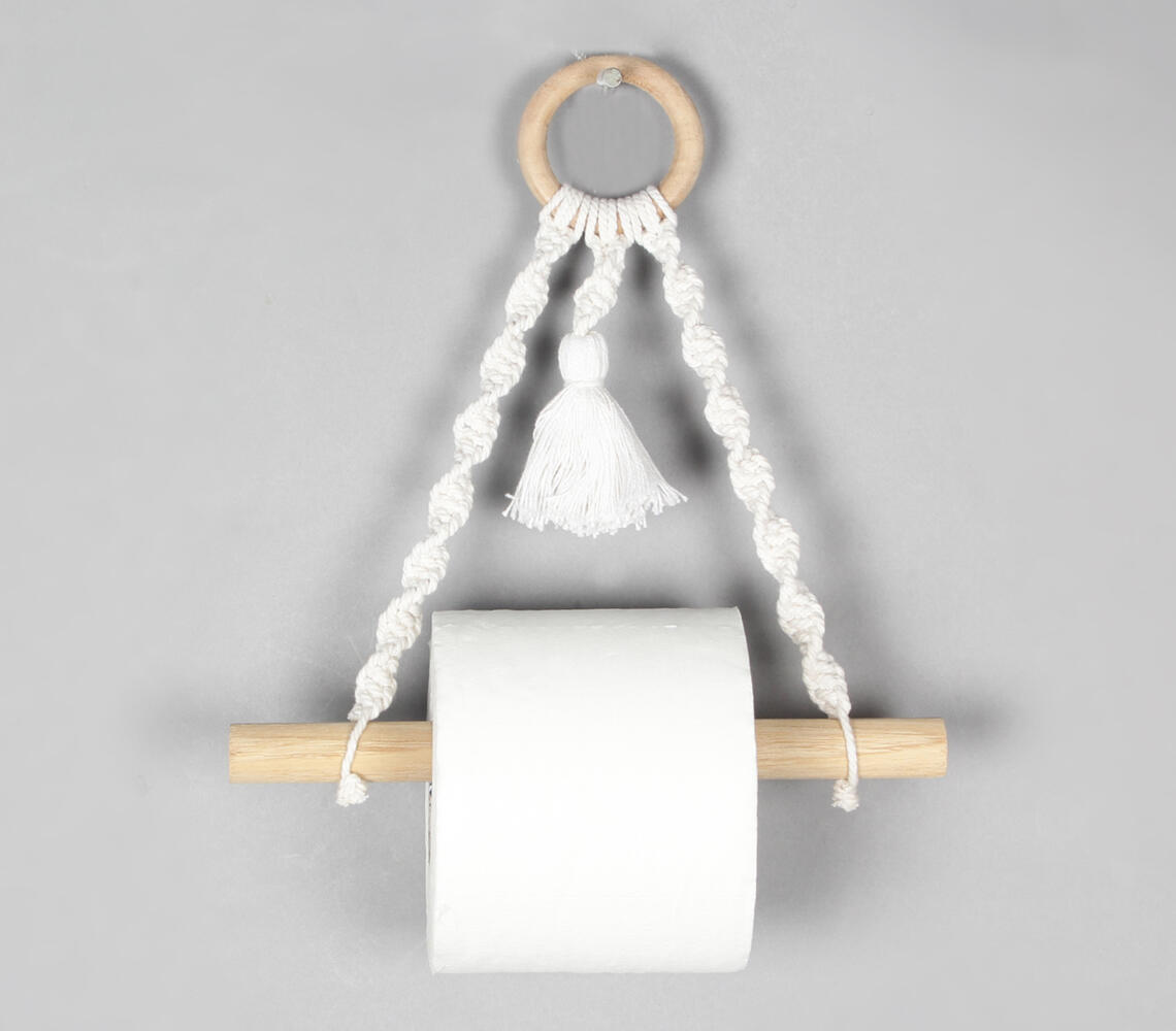 Cotton Macrame & Wood Hanging Roll Holder - Natural - VAQL101013101861