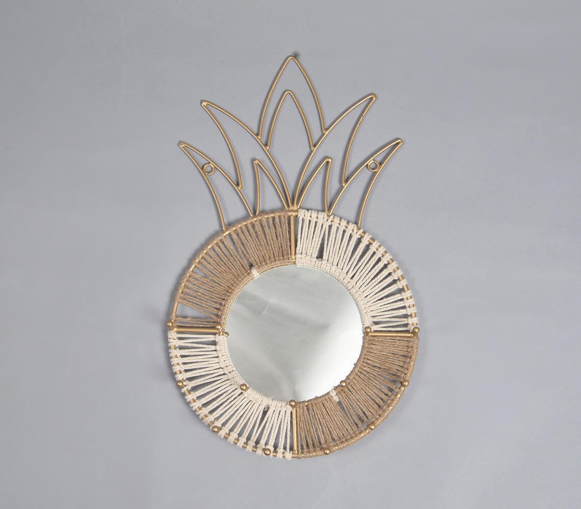 Gold-Toned Iron Pineapple Macrame Wall Mirror - Natural - VAQL101013104255