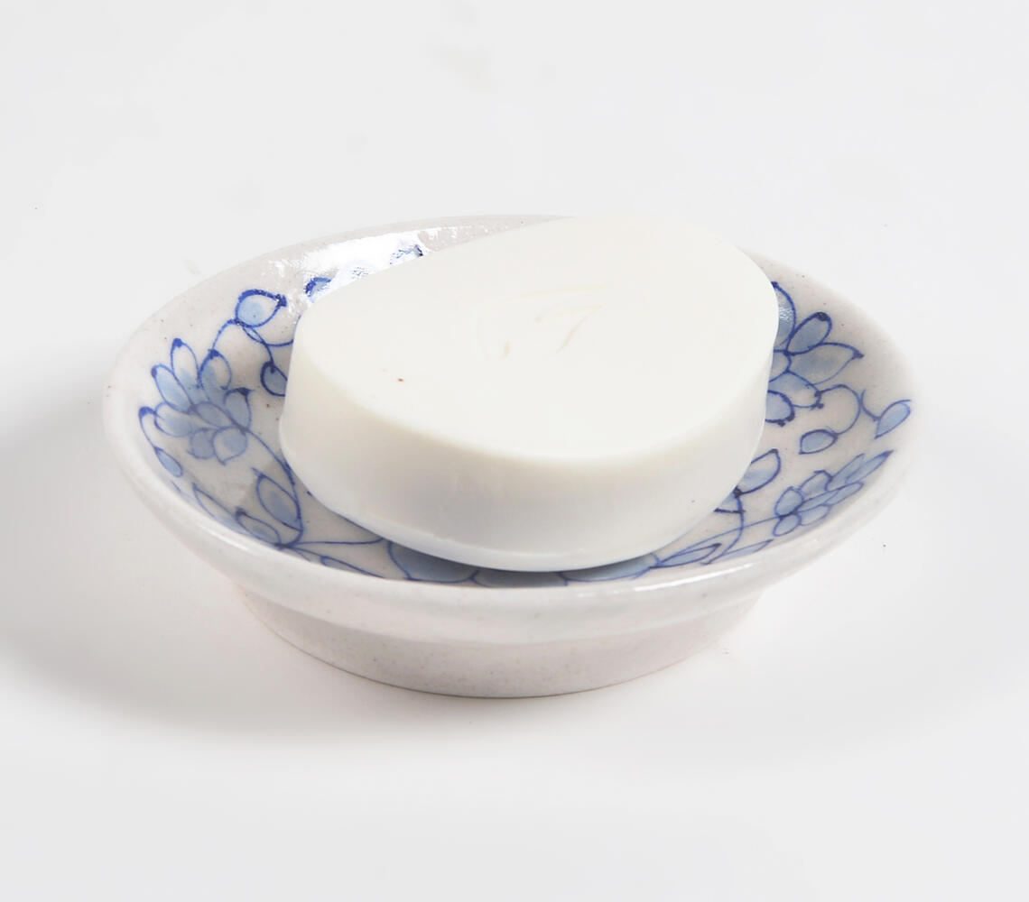 Hand Painted Jaipur Blue Pottery Soap Dish - White - VAQL101013140010