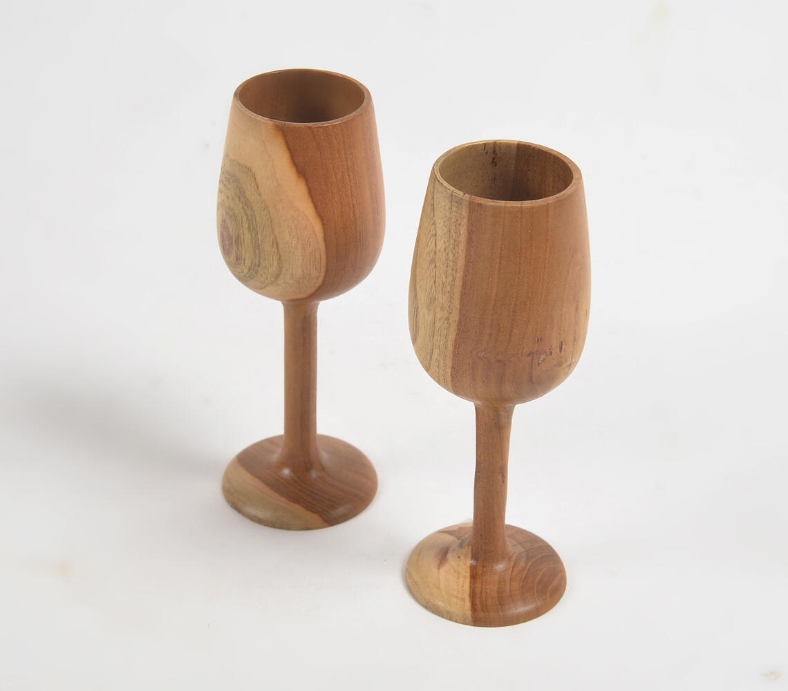 Acacia Wood Turned Wine Glasses (set of 2) - Natural - VAQL101014100974