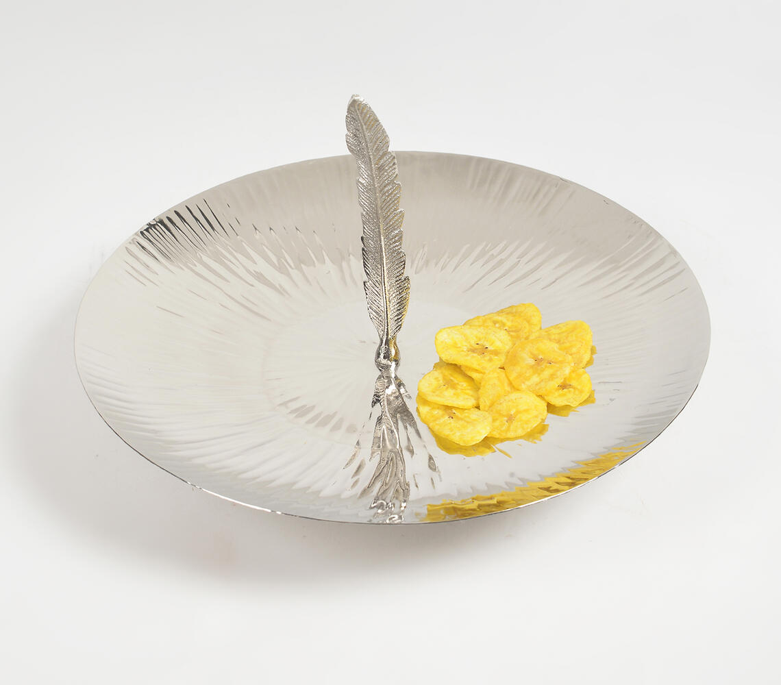 Hand Beaten Aluminium Cake Stand with Feather Accent - Silver - VAQL101014103714