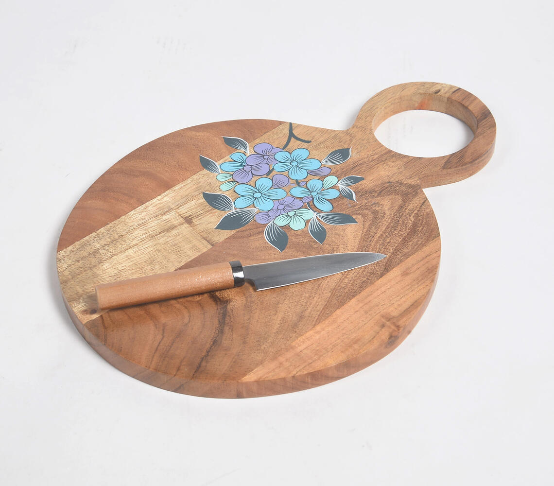 Acacia Wood Chopping Board with Hand painted Violets - Natural - VAQL101014105585