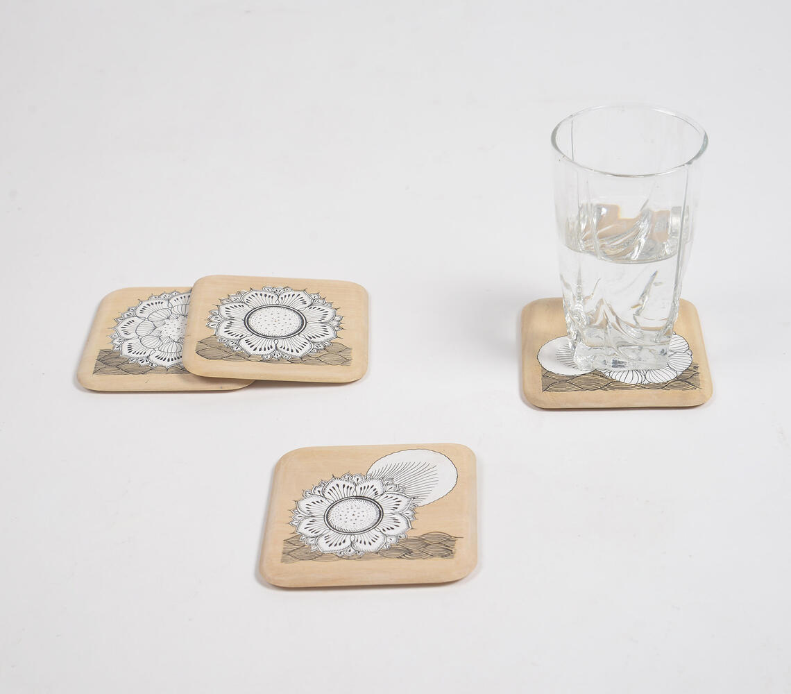 Hand Printed Ethnic Floral Wooden Coasters (set of 4) - Beige - VAQL101014114732