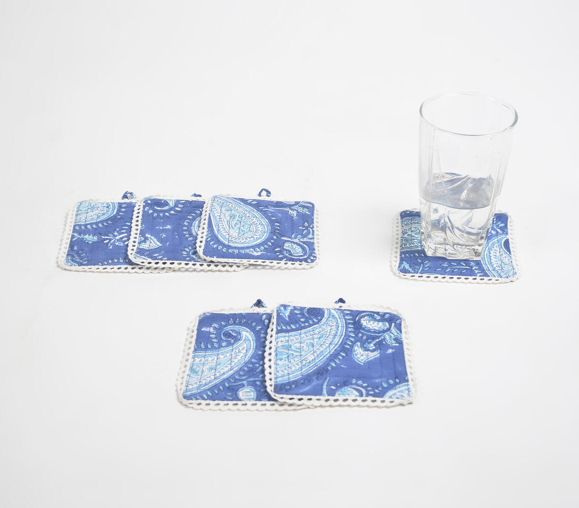 Block Printed Blue Paisley Coasters (Set of 6) - Blue - VAQL101014124998