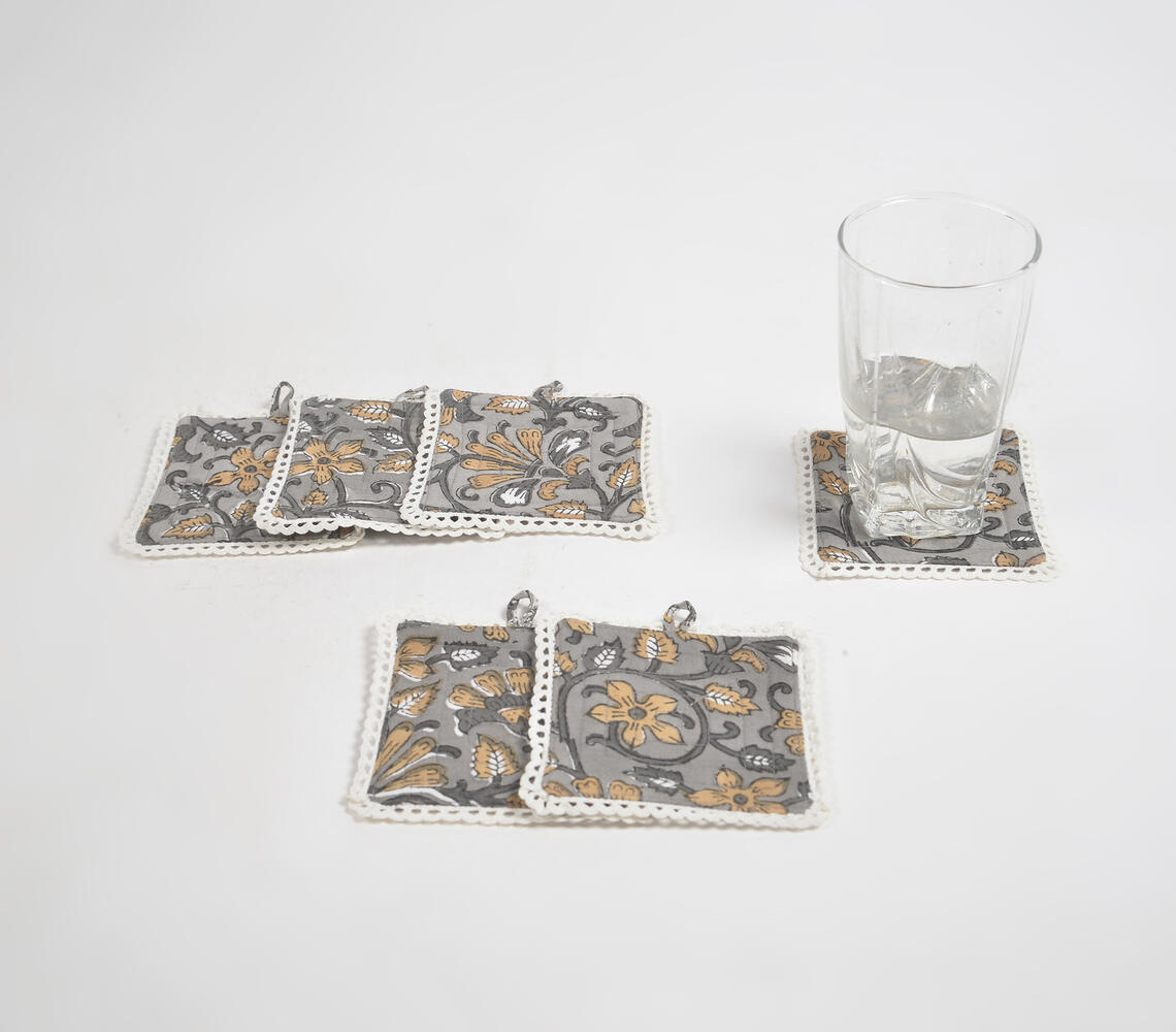 Floral Grey Cotton Coasters (Set of 6) - Grey - VAQL101014125001