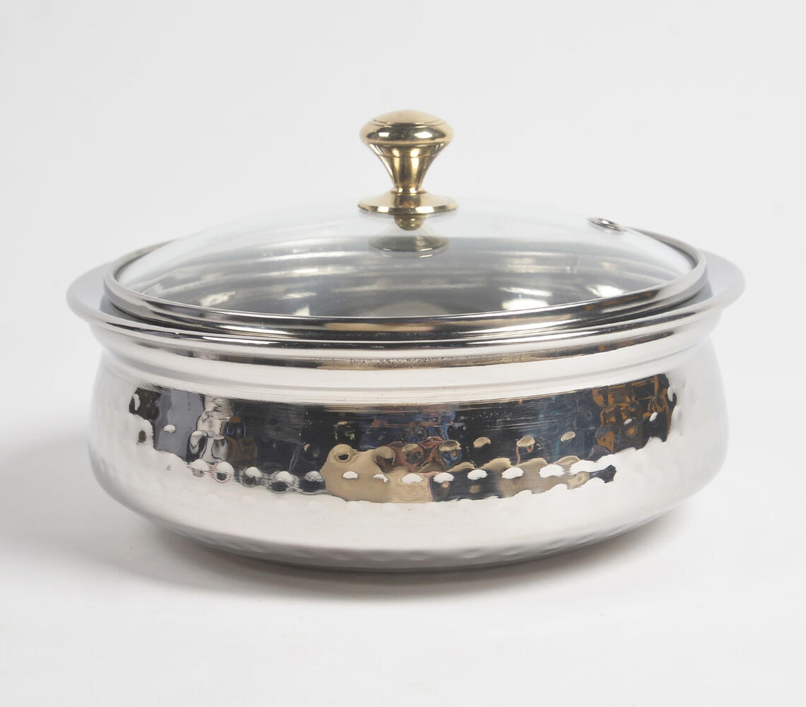 Hammered Steel Rice Bowl with Glass lid (Medium) - Silver - VAQL101014129479