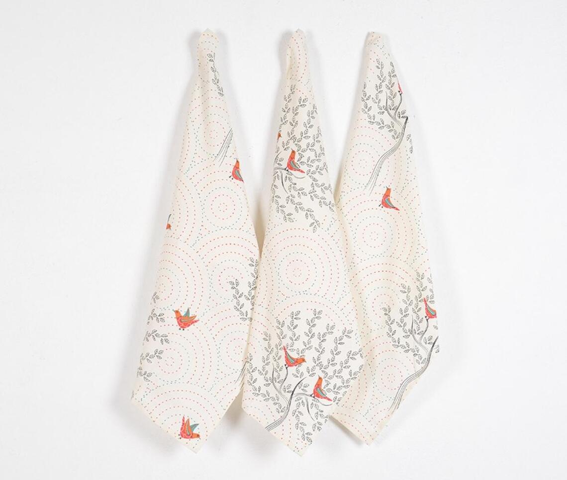 Printed Cotton Kitchen Towels (set of 3) - White - VAQL10101477907