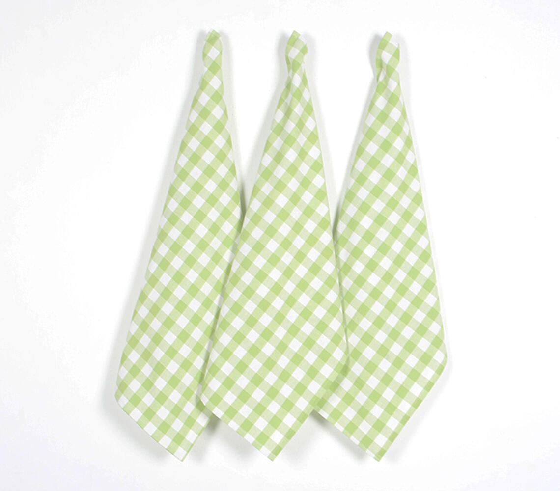 Lime Checks Handwoven Cotton Kitchen Towels (set of 3) - Multicolor - VAQL10101480701