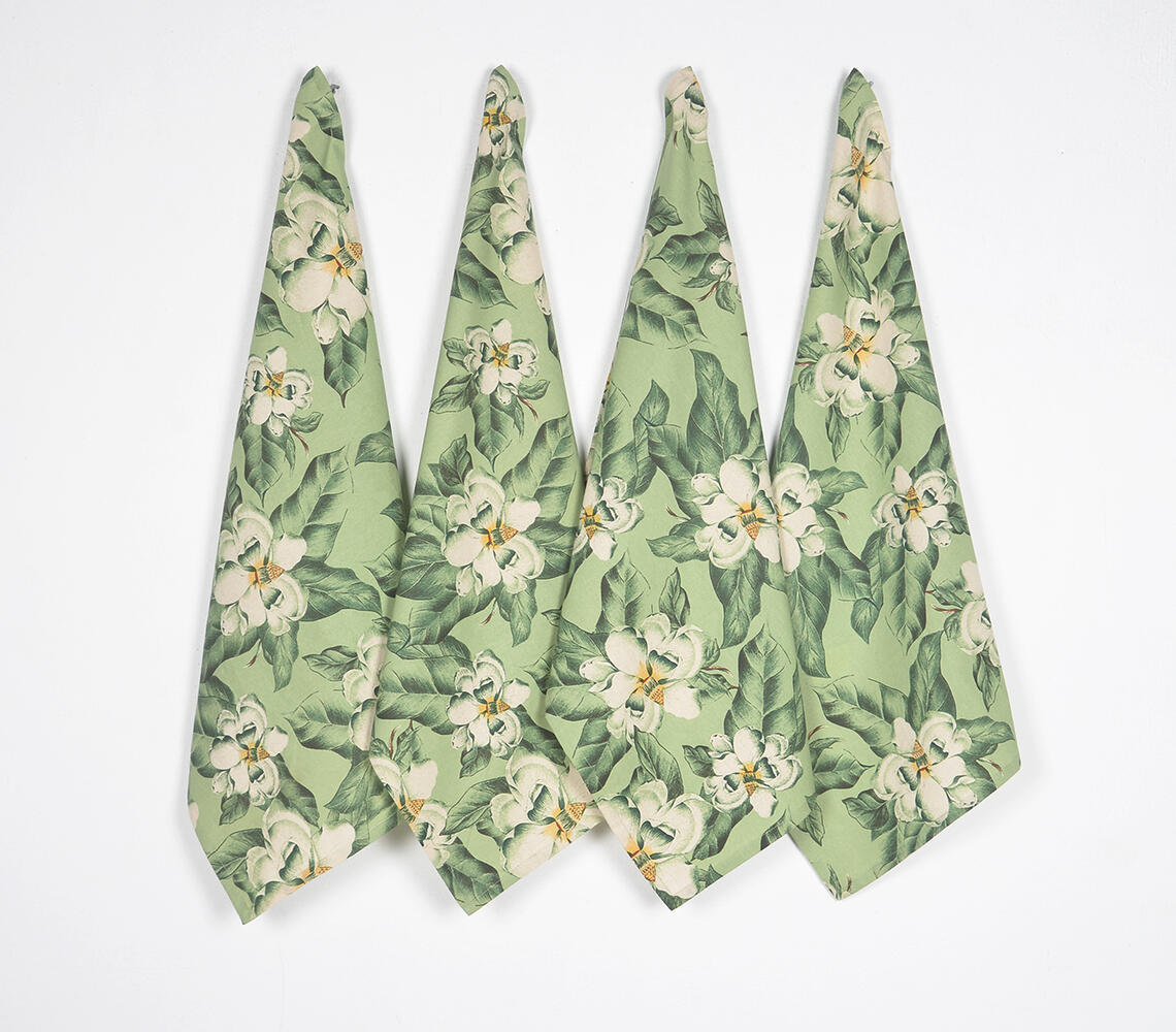 Tropical Magnolia Printed Cotton Kitchen Towels (set of 4) - Green - VAQL10101480752