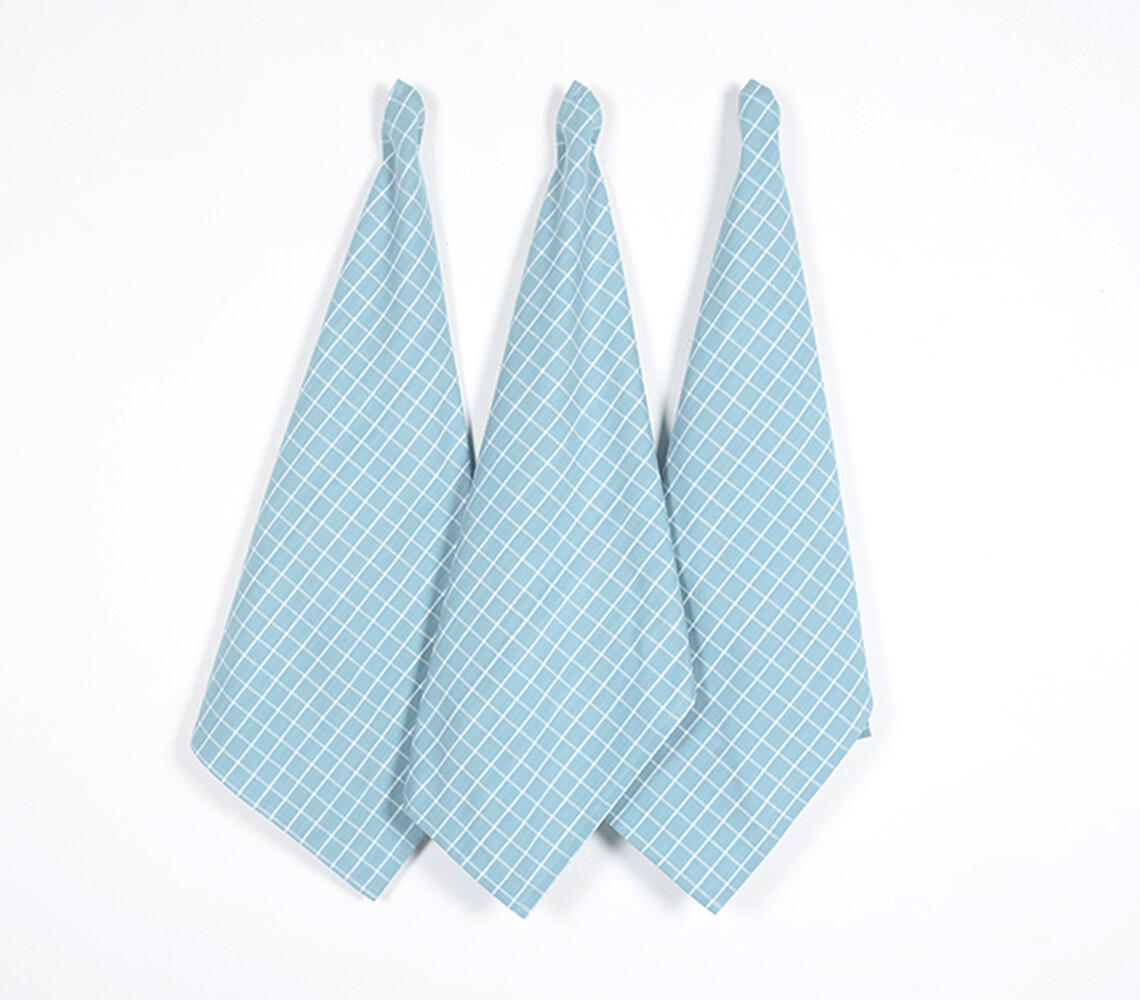 Handwoven Cotton Checked Kitchen Towels (set of 3) - Blue - VAQL10101483184