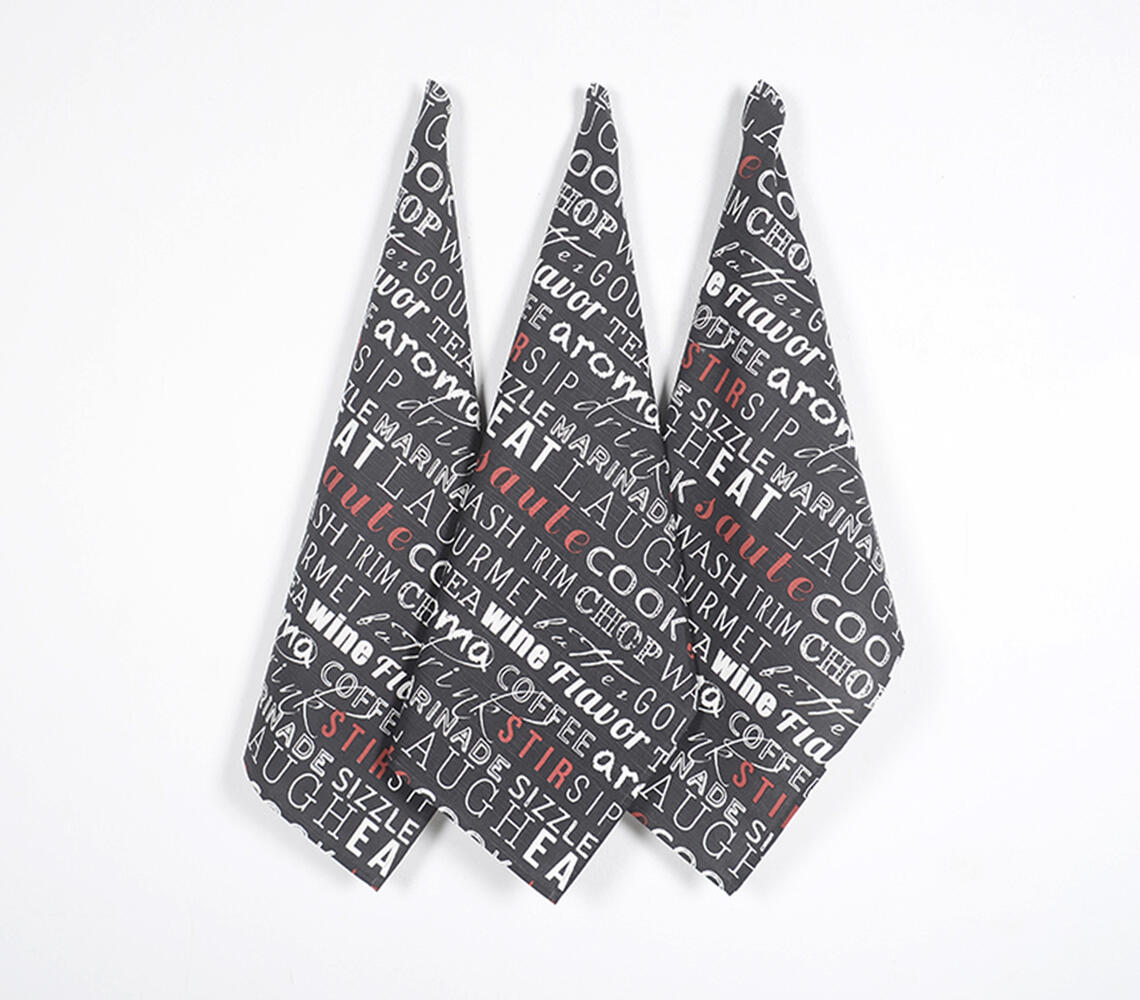 Handwoven Cotton Typographic Kitchen Towels (set of 3) - Black - VAQL10101488455