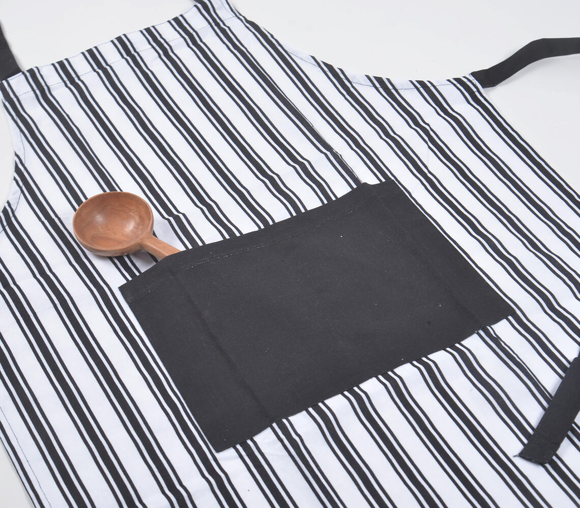 Handcrafted Striped Monochrome Cotton Apron - Black - VAQL10101499096