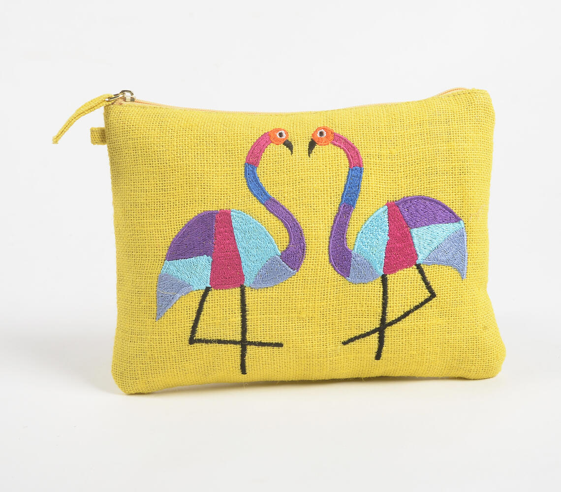 Abstract Flamingos Yellow Jute Pouch - Yellow - VAQL101015103446