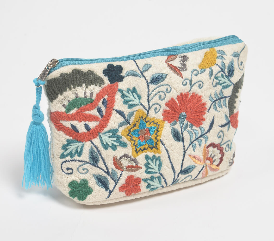 Blue Tasseled Zip Botanical embroidered Pouch - White - VAQL101015120700