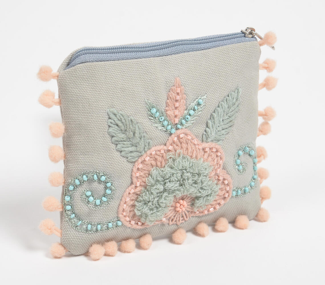 Floral Embroidered Coin Pouch with Pom-Poms - Beige - VAQL101015120707
