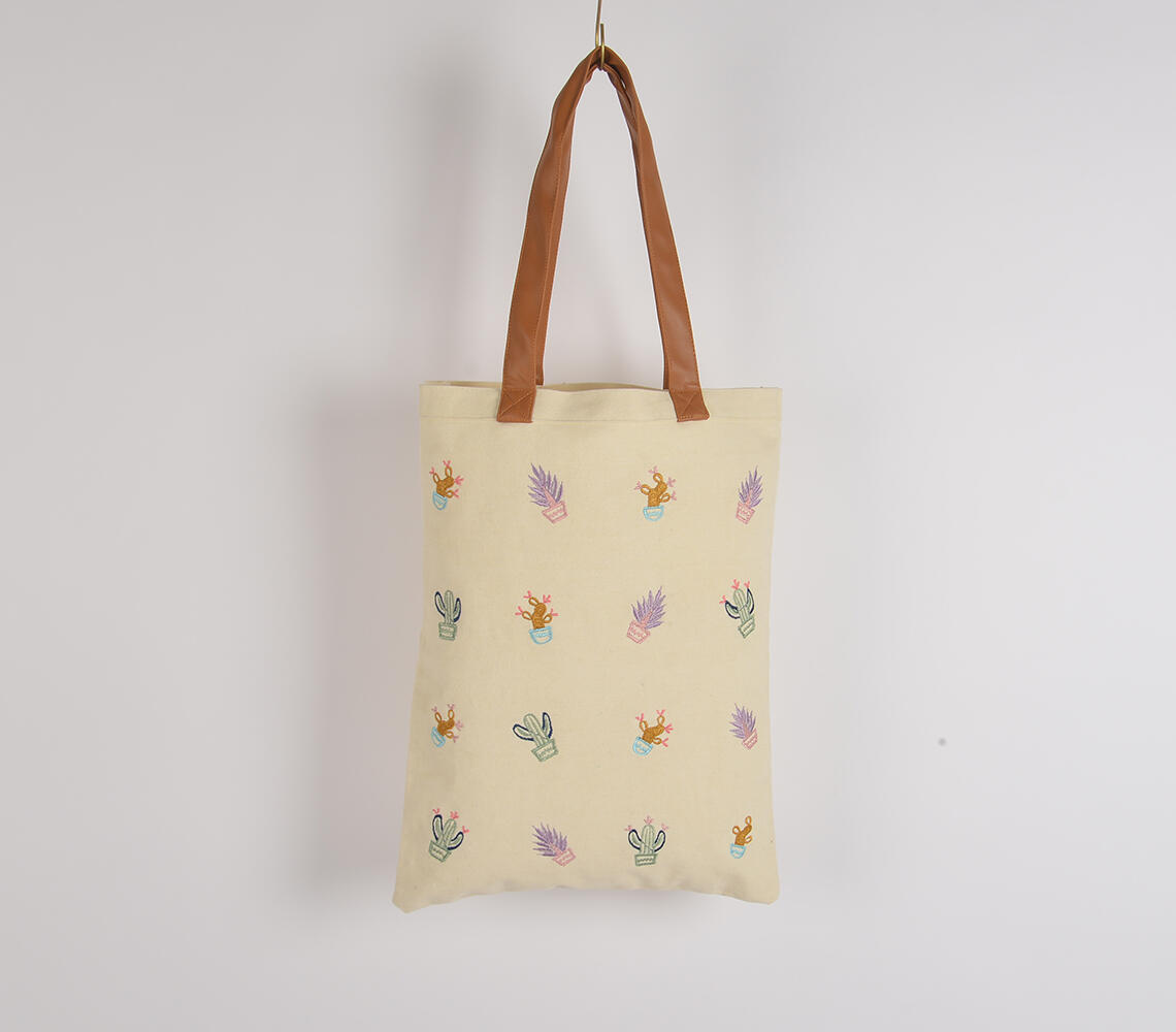 Succulent Embroidered Tote Bag - White - VAQL10101564688