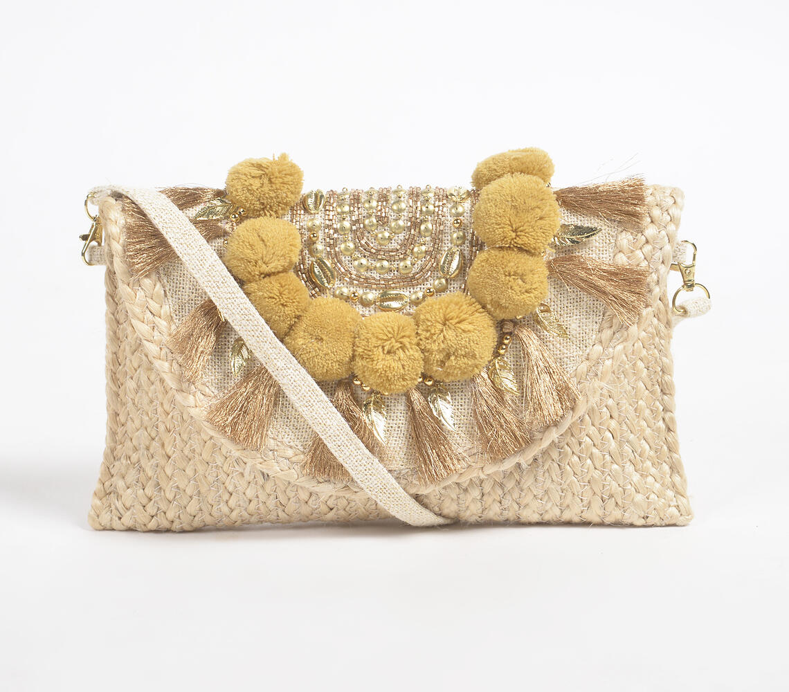 Embellished Braided Jute Sling Bag - Gold - VAQL10101574304