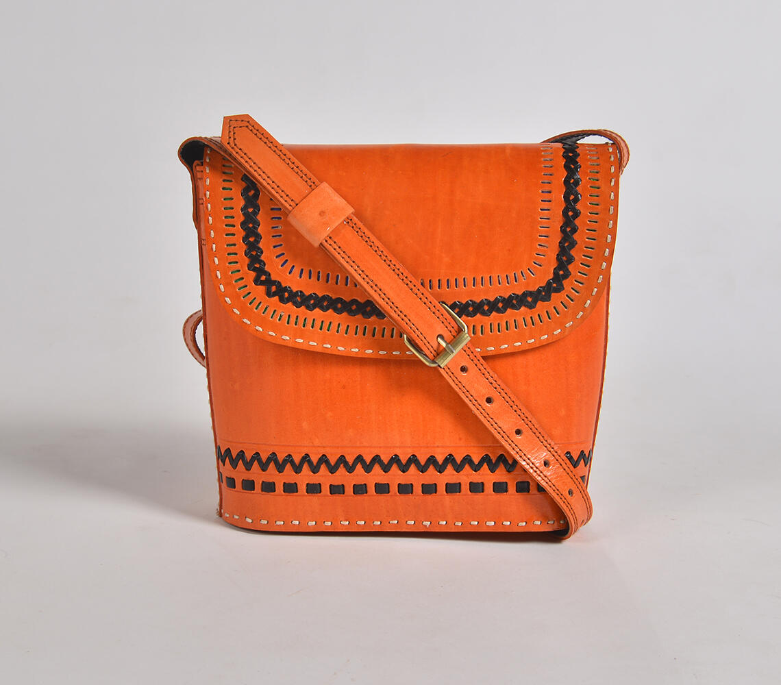 Punch work Leather Crossbody Bag - Orange - VAQL10101574806