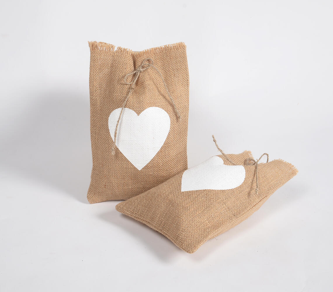White Heart Jute Drawstring bags (set of 2) - Brown - VAQL10101575676
