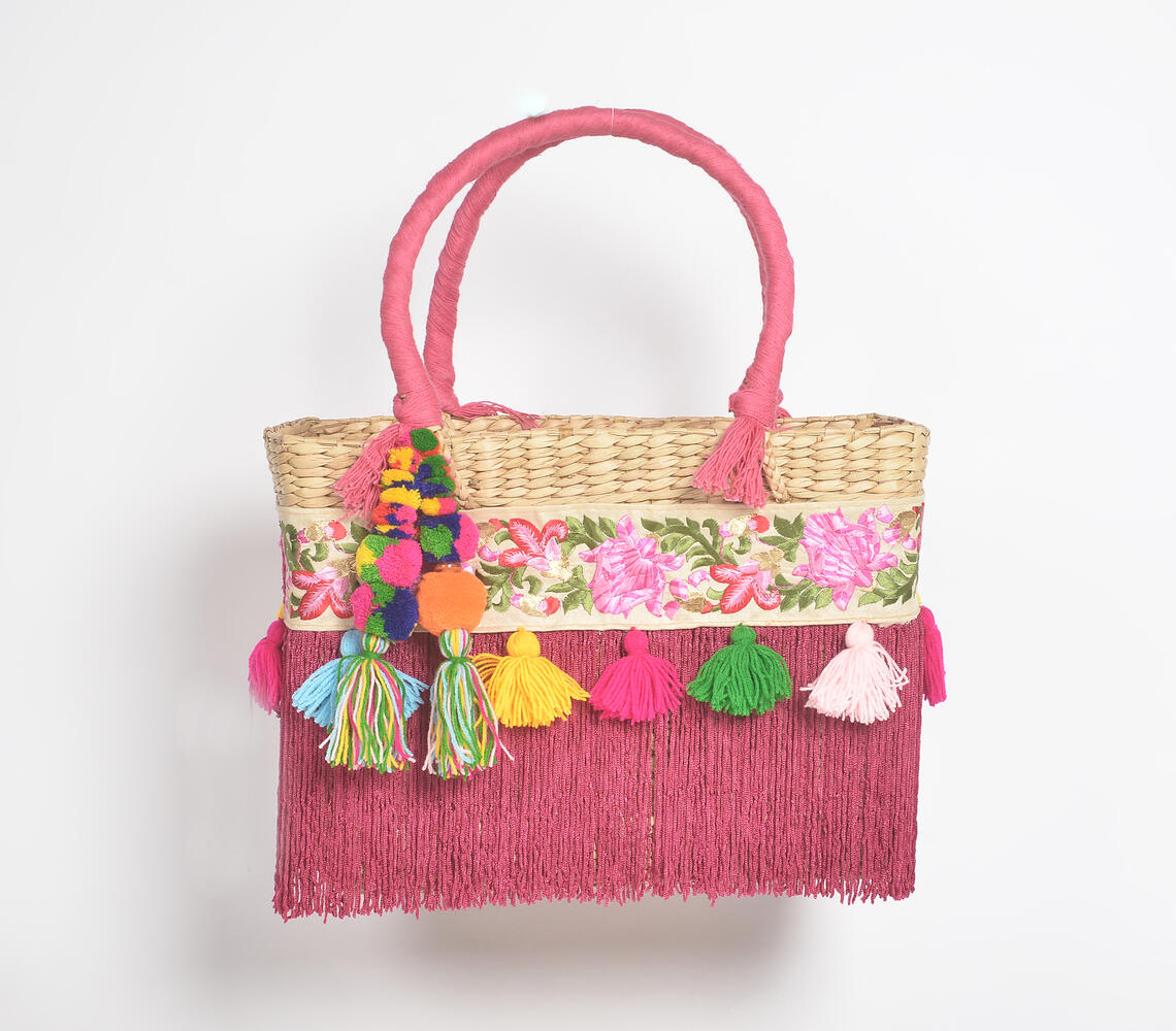 Fuschia Fringed Basket Woven Cane Tasseled Handbag - Pink - VAQL10101597523