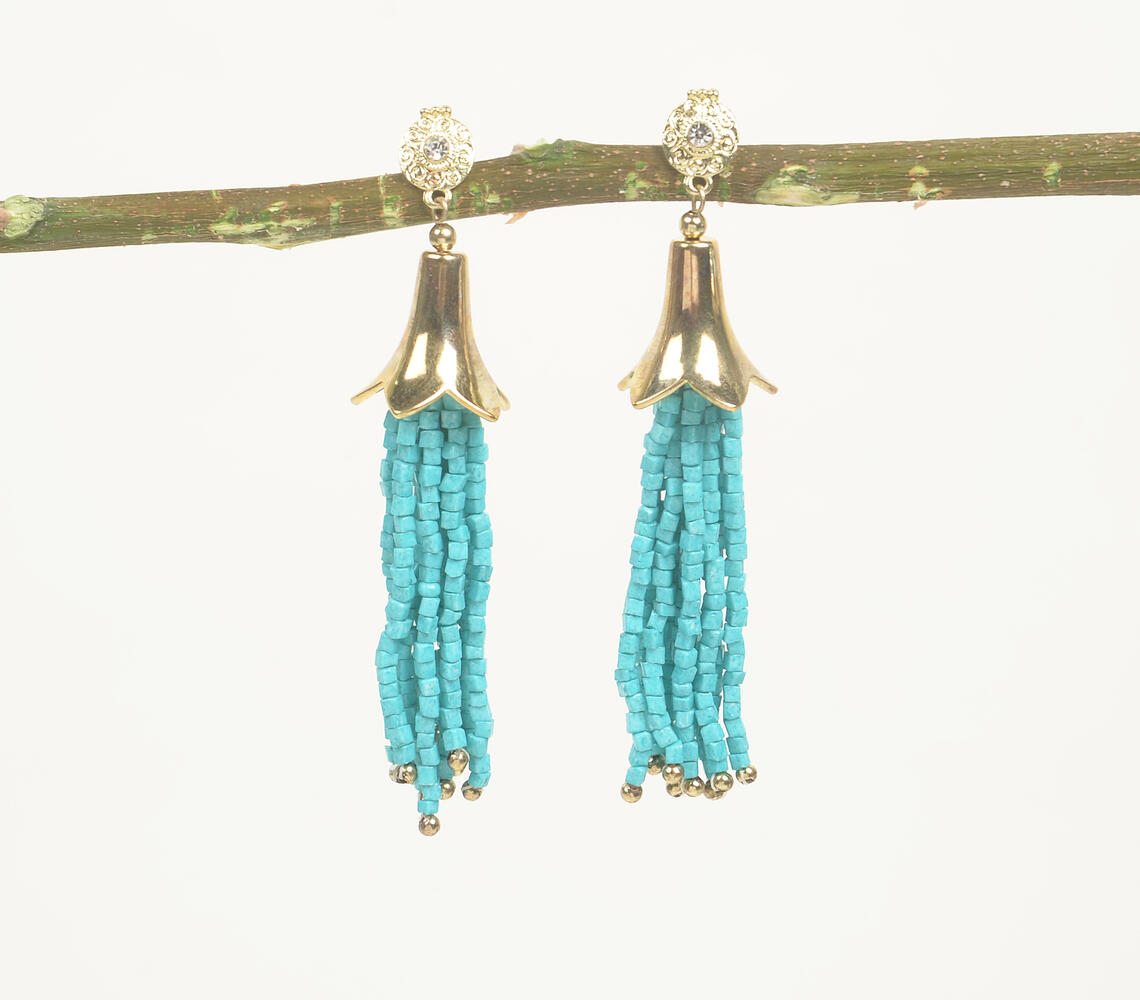 Stone & Beaded-Tassels Drop Earrings - Turquoise - VAQL101018111973
