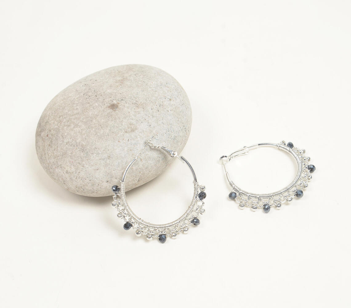 Ethnic Beaded Metallic Hoop Earrings - Silver - VAQL101018111983