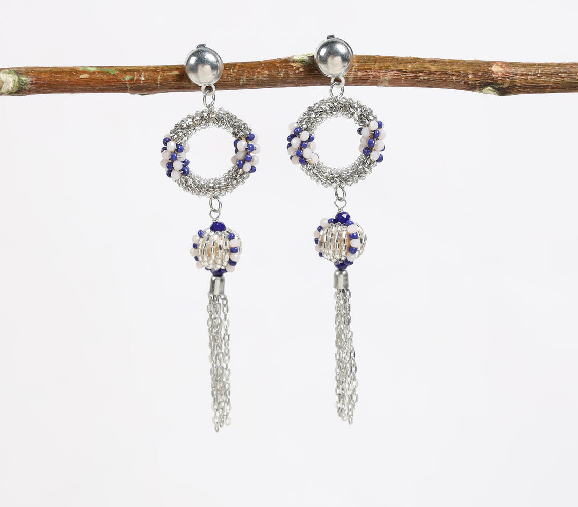 Beaded Metallic Chain Tassel Earrings - Silver - VAQL101018113750