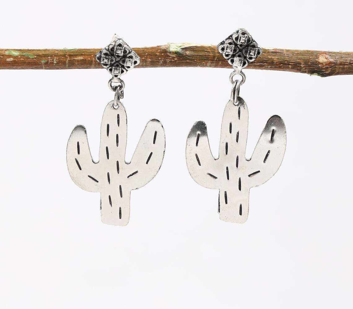 Antique Silver-Toned Brass Cactus Drop Earrings - Silver - VAQL101018113844