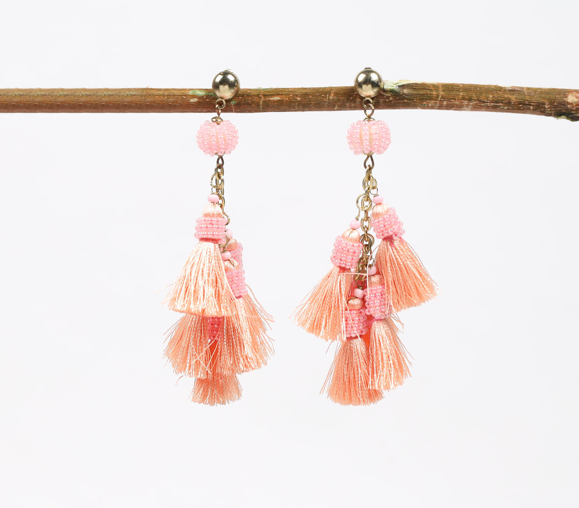 Coral Pink Beaded & Tasseled Drop Earrings - Pink - VAQL101018113858