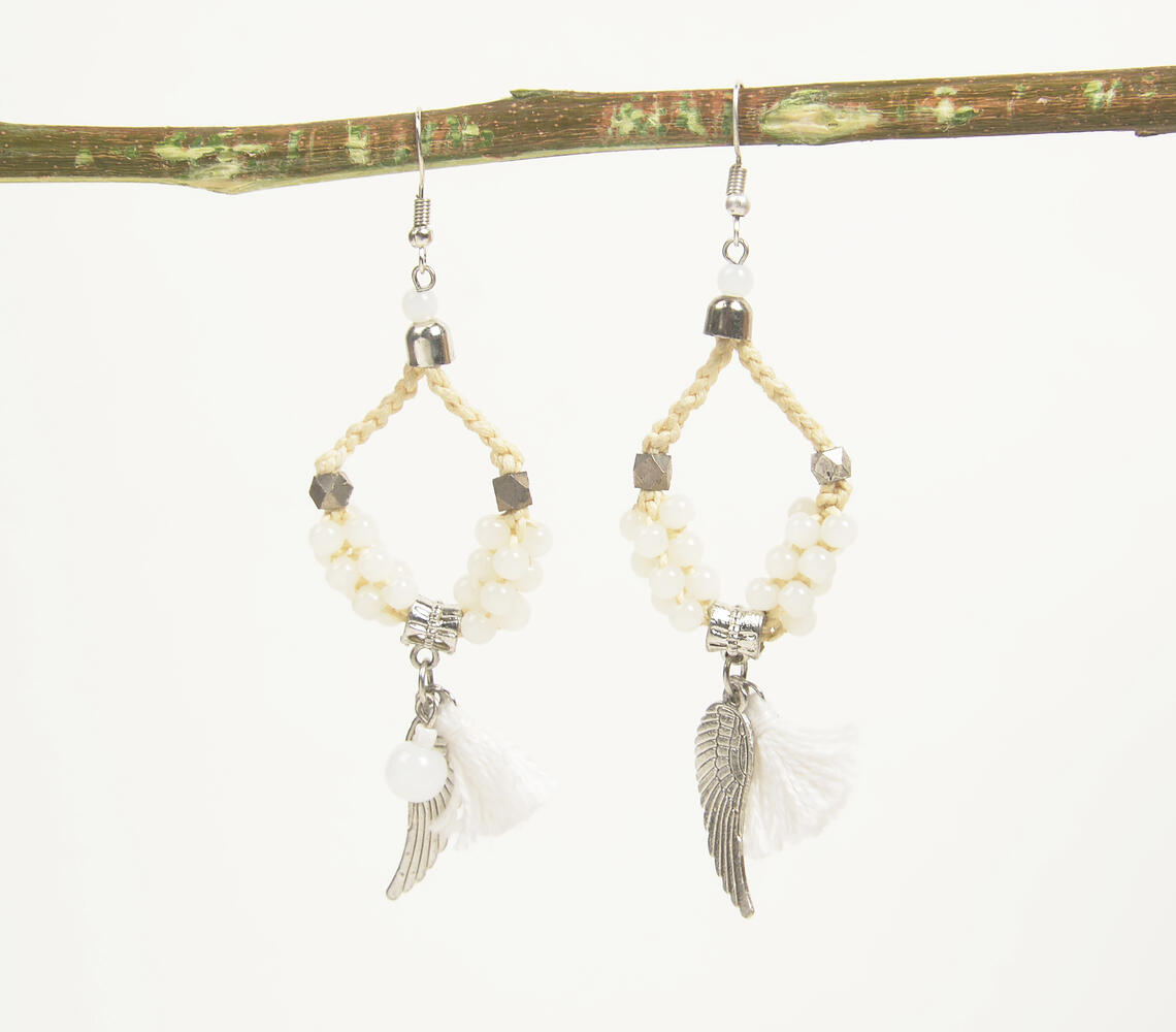 Glass Beaded Silver-Toned Tasseled Dangle Earrings - Silver - VAQL101018113879