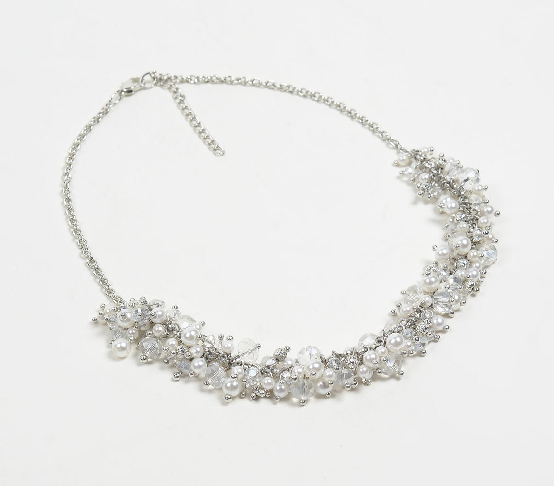 Cluster Glass & Pearl Beaded necklace - Silver - VAQL101018113936