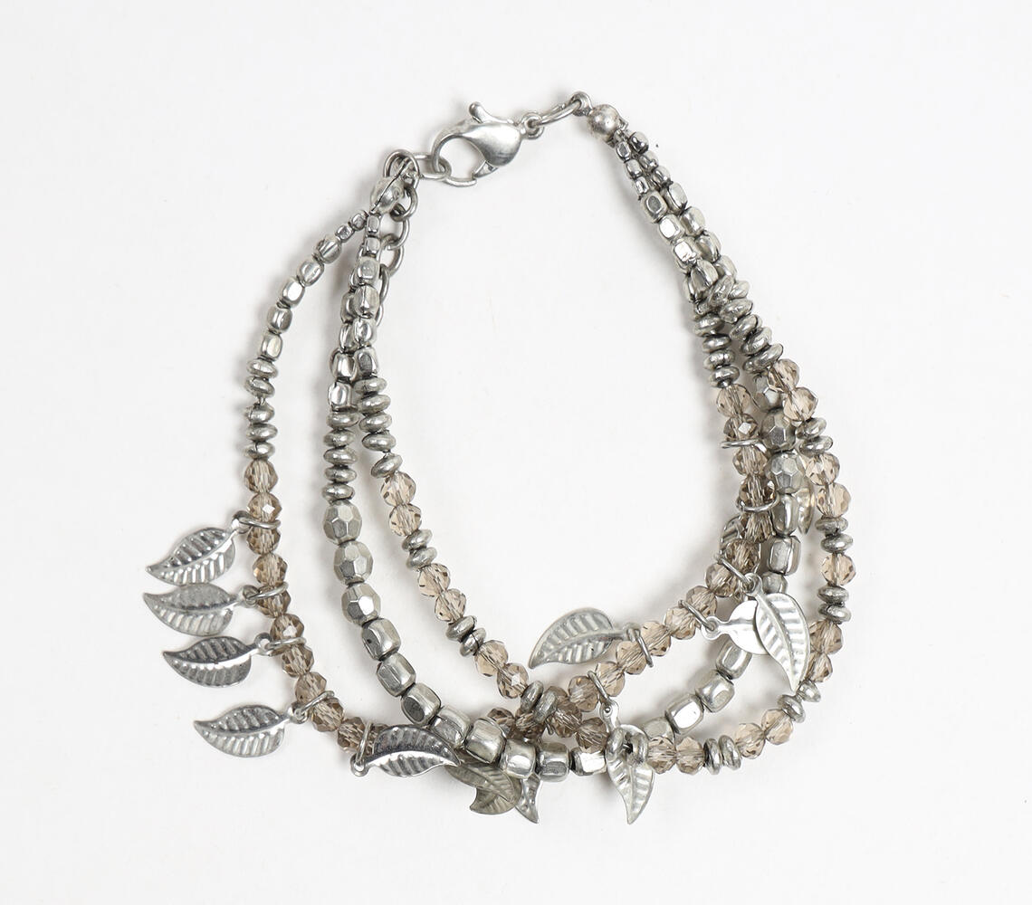 Glass Beads & Silver-Toned Leaf Charms Layered Bracelet - Silver - VAQL101018114013