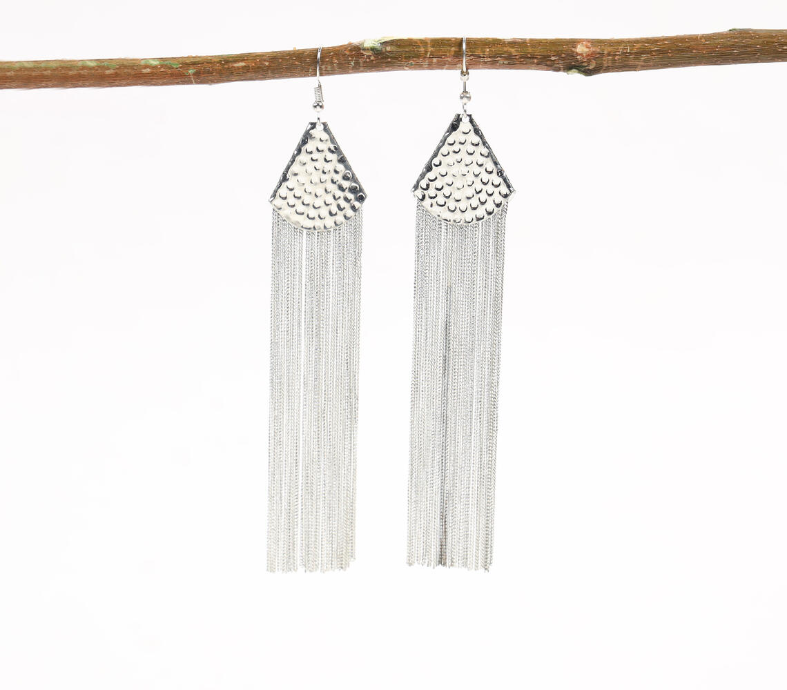 Hammered Silver-Toned Metal Shoulder-Duster Earrings - Silver - VAQL101018114122