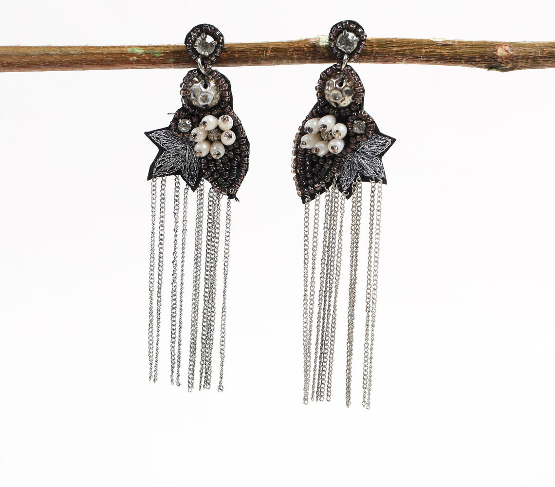 Embellished Velvet Floral Drop Earrings - Silver - VAQL101018114279