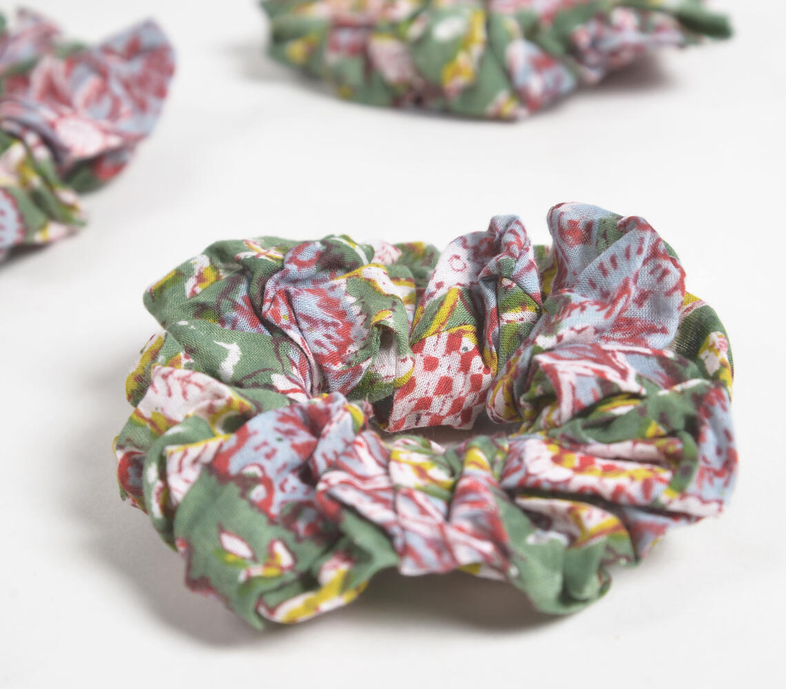 Floral Sage & Pink Block Printed Scrunchie hair ties (set of 3) - Pink - VAQL101018124976